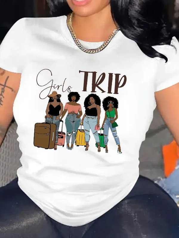 

Four Girls with Suitcases Print Female Shirt Fashion Casual Comfort Women T-shirt 2024 New Trend Journey Holiday Girl Tee