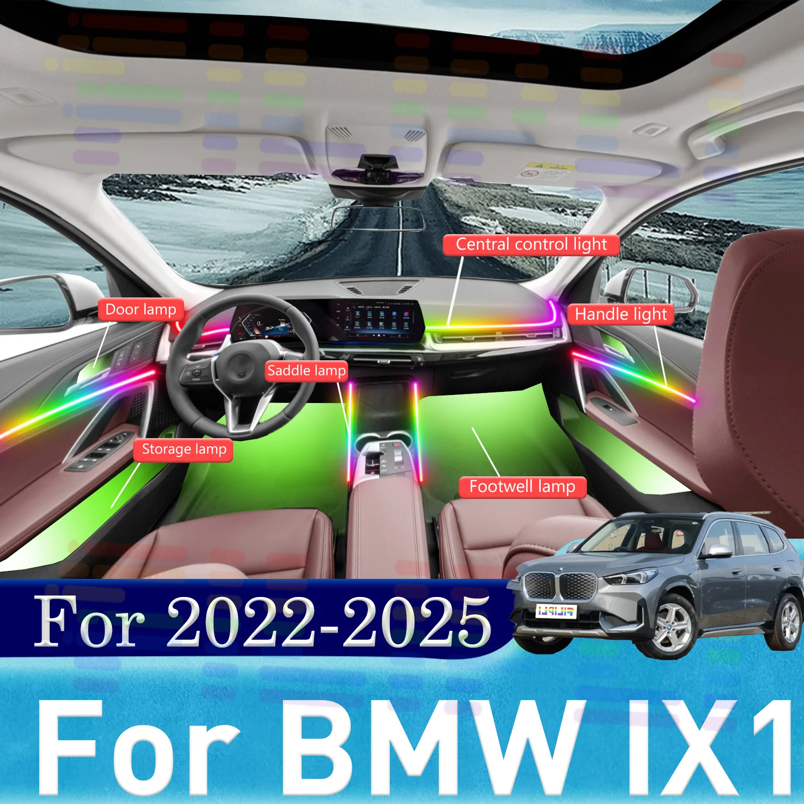 

Для BMW iX1 салон автомобиля декоративный окружающий свет RGB 64-цветный светодиодный надежный монтажный комплект для 2022-2025 гг.