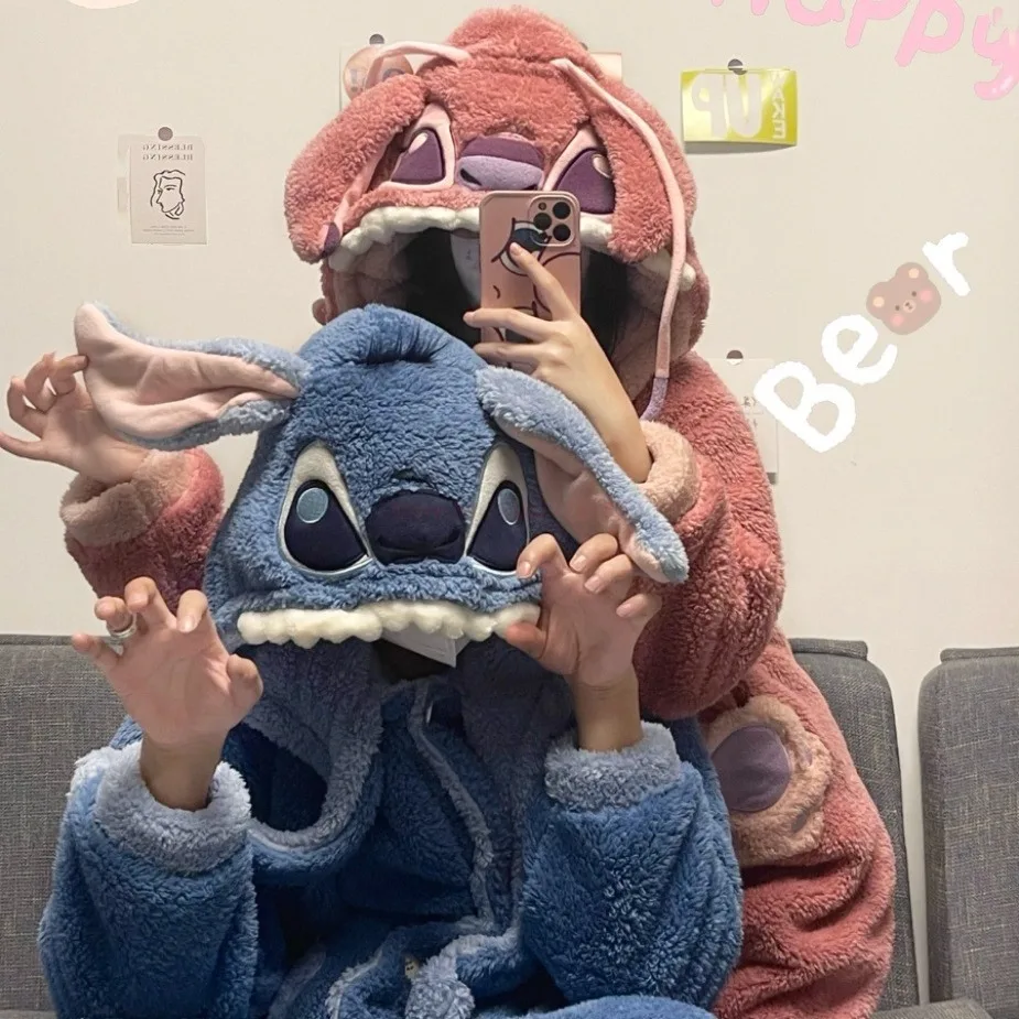 Disney Stitch Stitch  Robe Kawaii Hooded Dressing Gowns Lady Thickened Warm Loungewear Cute Woman Autumn Winter Christmas