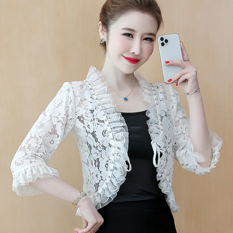 #5325 Summer Kimono Jacket Cardigan Women Three Quarter Sleeve Sexy Thin Lace Coat Female Diamonds Irregular Lace Jacket Vintage