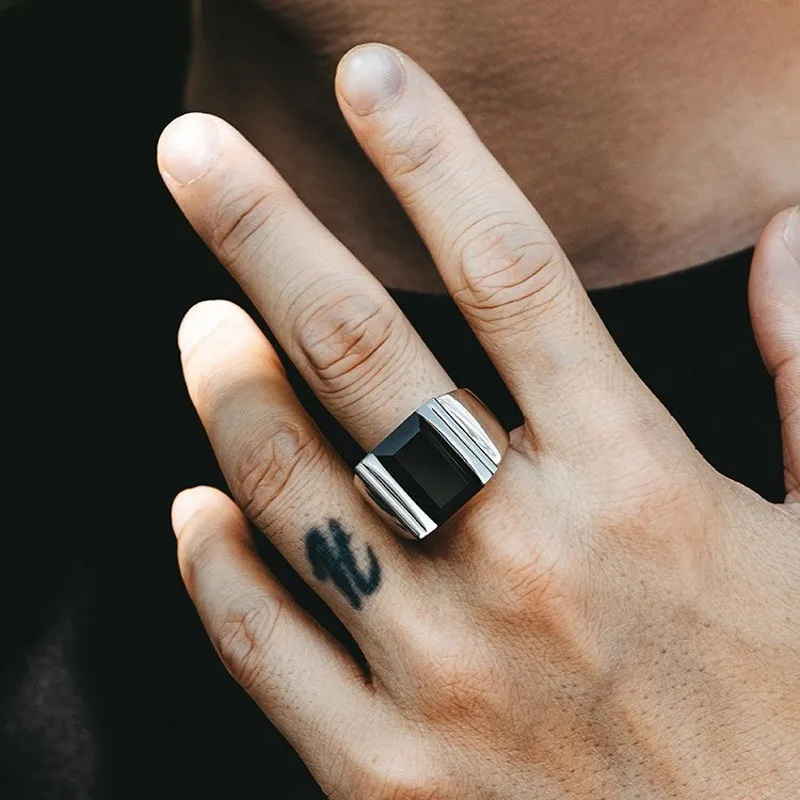 BOCAI Trendy 100% Real 925 Silver Natural Obsidian Ring for Men Adjustable Size Fashion Christmas Gift