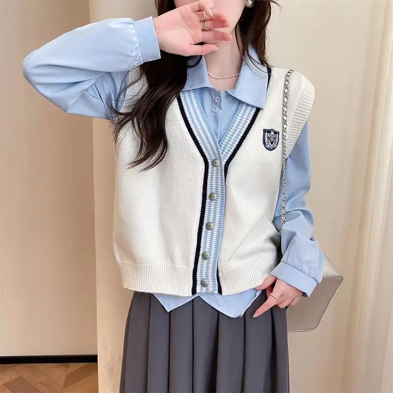 

Knitting Tank Top Shirts Suit Women Autumn Sweet Preppy Style Trend Sleeveless Sleeveless Fashion Temperament Long Sleeve Shirts