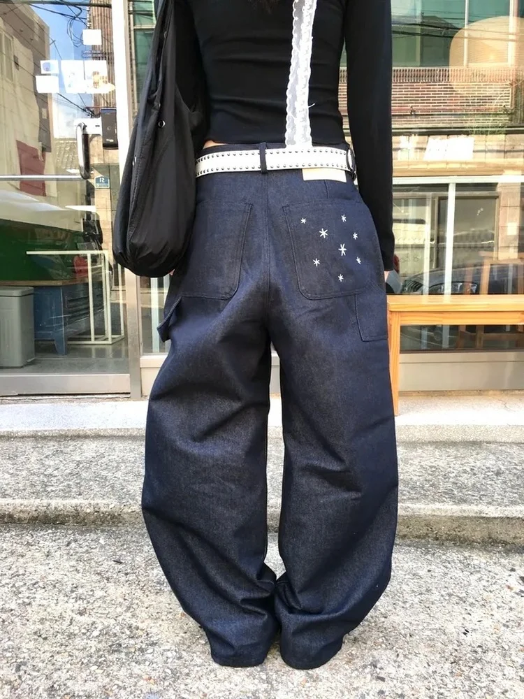 جينز Street Sle كاجوال فضفاض واسع الساق مطرز بنمط نجمة متعدد الاستخدامات كاجوال فضفاض مناسب للتخسيس للنساء