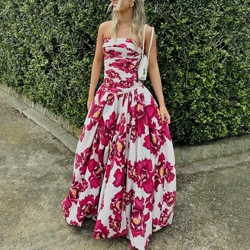 

French beautiful long dress fashion printing pleated tube top slim and thin split dress simple luxury temperament elegant high-e