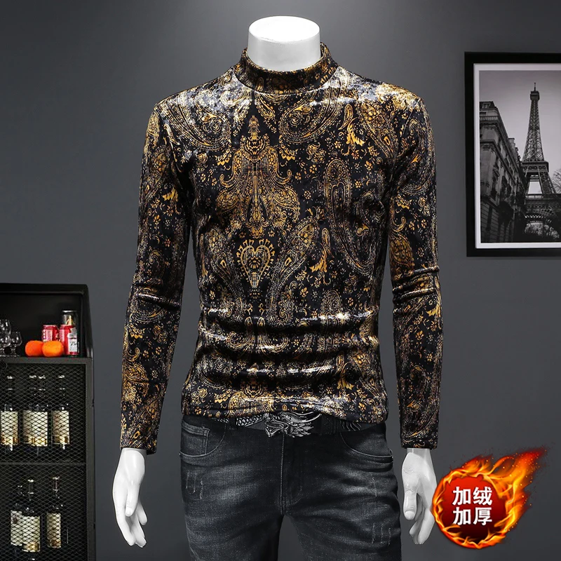 Vintage Paisley Print Streetwear Turtleneck Long Sleeved T-Shirts Winter Quality Velvet Thick Men Clothing Casual Slim Camisetas