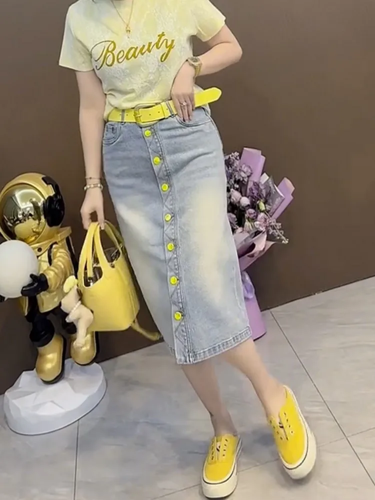 Women New Summer Women Light Blue Knee Length Slim Fit Wrap Denim Skirt Office Ladies Casual High Waist A-Line Skirts Streetwear