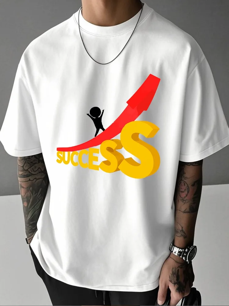 Men Summer Casual Short Sleeve T Shirt Success Letter Red Up Arrow Figure Print Oversized Loose Street Daily Fashion Tops