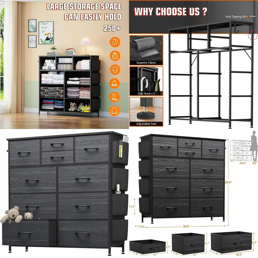 

10-Drawer Bedroom Dresser with Side Pockets, Hooks, Wooden Top, Metal Frame, Black Wood Grain Fabric Drawers for Living Spaces