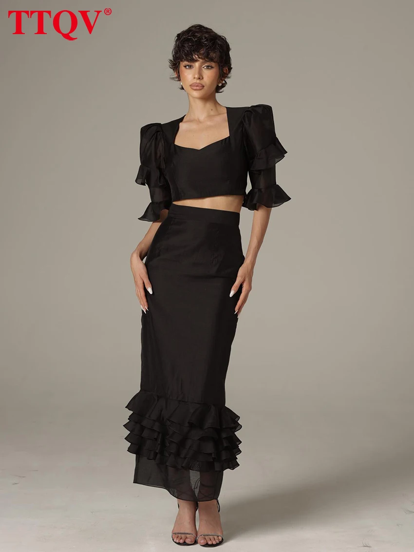 

TTQV Summer Slim Black Skirt Set 2 Piece Woman 2026 Fashion Short Sleeve Crop Top With High Waist Long Skirt Set Female Clothing
