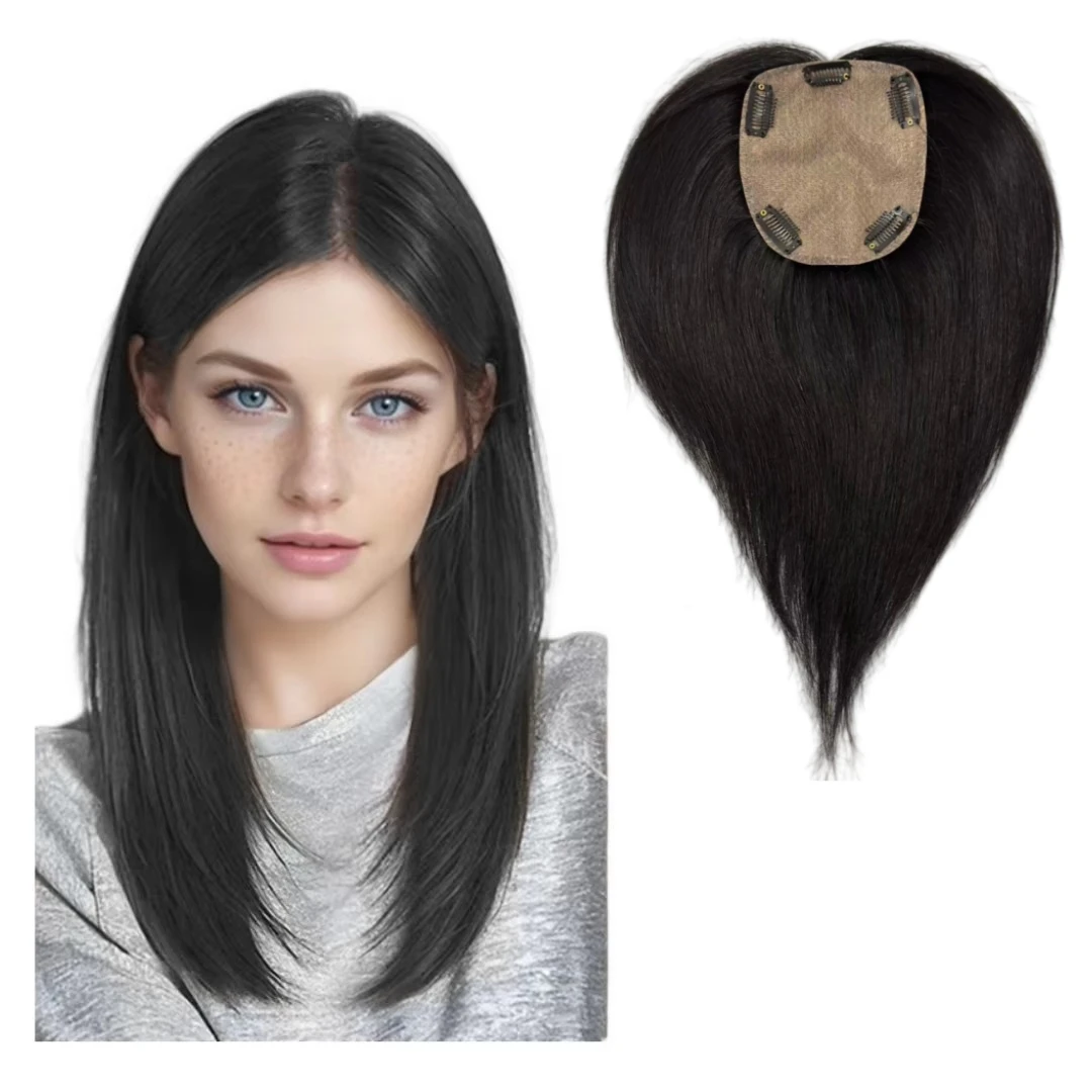 Silk Base Human Hair Toppers for Women Free Parting 8-16inch Long Hair Topper for Thinning Hair Clips on Hairpieces Extensions