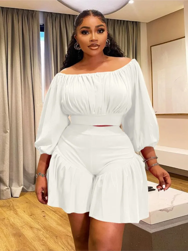 Plus Size Summer 2 Two Piece Set Women Off Shoulder Fashion Sexy Slim Ladies Cropped Blouses Ruffle Pleated Woman Mini Shorts