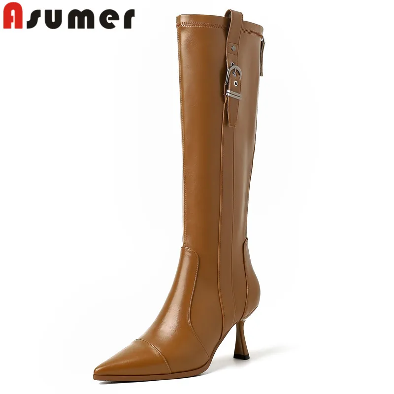 

ASUMER 2024 New Microfiber Zipper Knee High Boots Sexy Ladies Pointed Toe Winter Boots Thin High Heels Buckle Boots