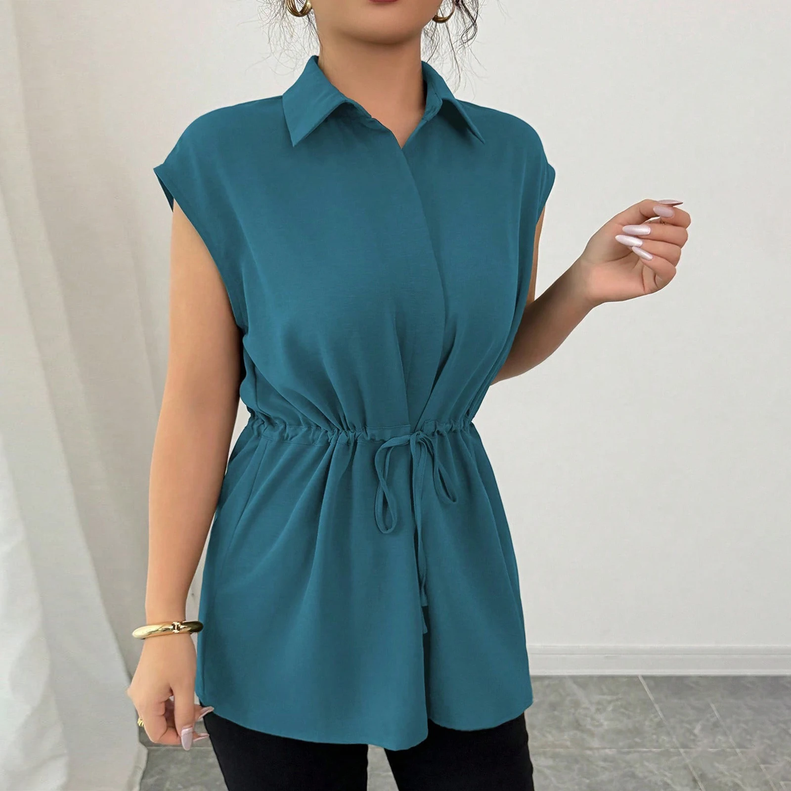 Chemise d'été sans manches pour femmes, ample, à lacets, ceinture, couleur unie, revers, manches courtes, chemises de transport décontractées