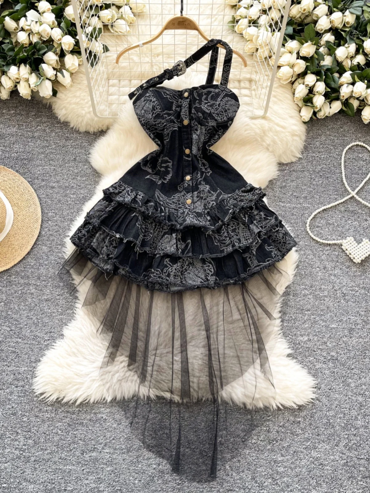 Vestido vaquero estilo Spice Girl para mujer, vestido Vintage con diseño de cola antigua, Falda corta esponjosa para personas pequeñas de calle frita