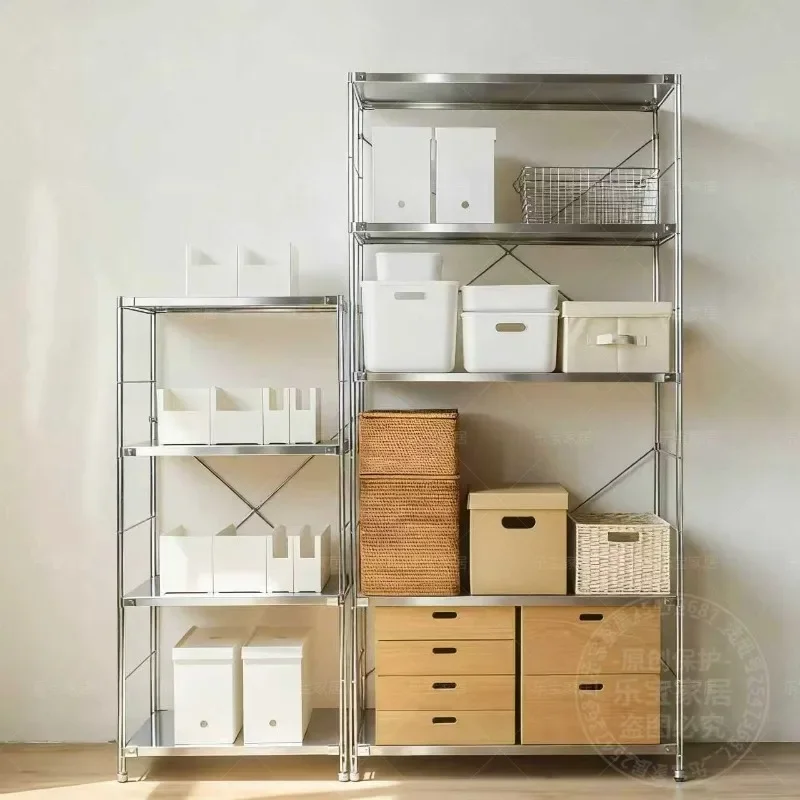 Japanese-style shelves, stainless steel floor-to-ceiling multi-layer kitchen microwave oven living room bookshelf