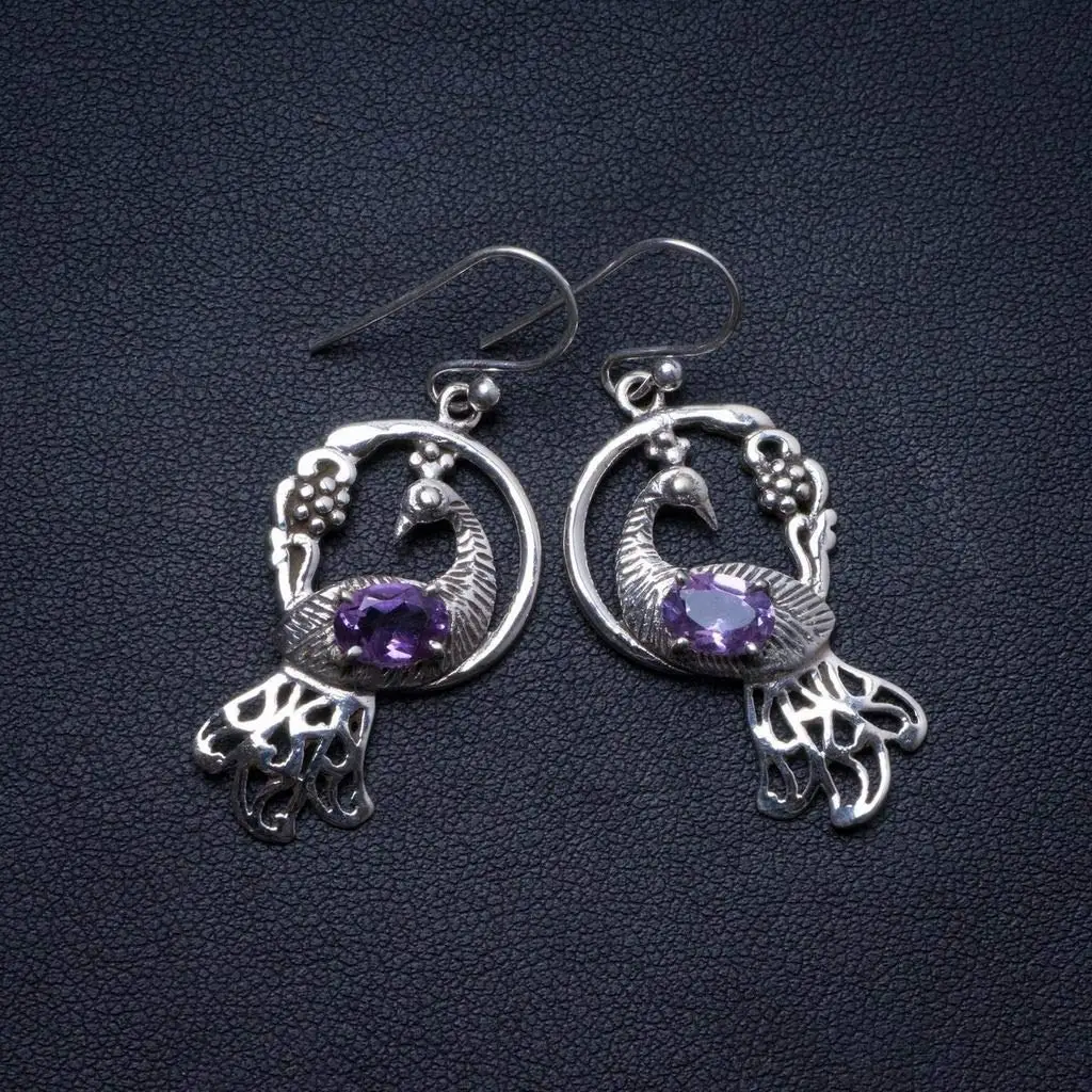 StarGems® Natural Amethyst Handmade Unique Peacock Shape 925 Sterling Silver Earrings 1.5