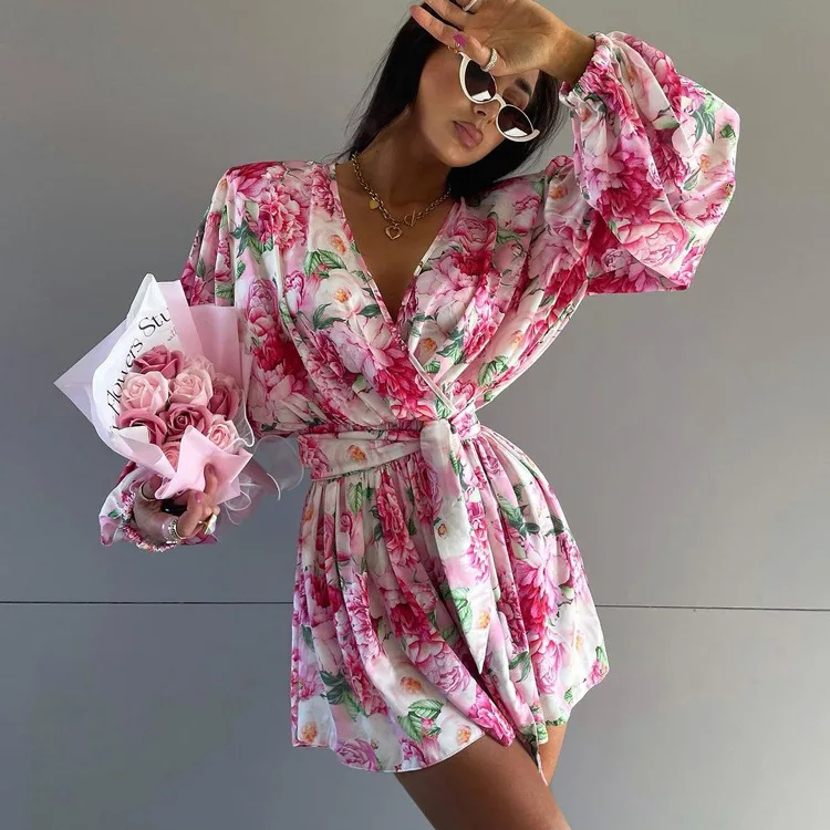 

Fashion Loose Print Jumpsuits for Women New Elegant V-Neck Long Sleeve Lace-Up Pleated Rompers Female Jumpsuit Overalls Playsuit