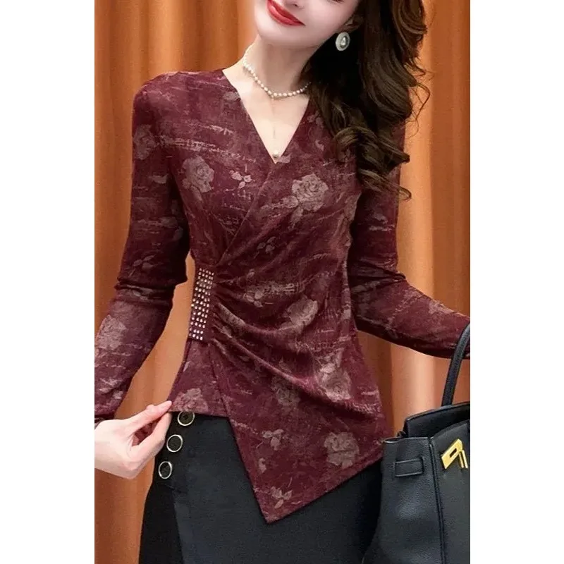 New French Mesh Top Slim Long Sleeves Printed Design Elegant V-neck T-shirt Fashionable Autumn Bottoming Shirt