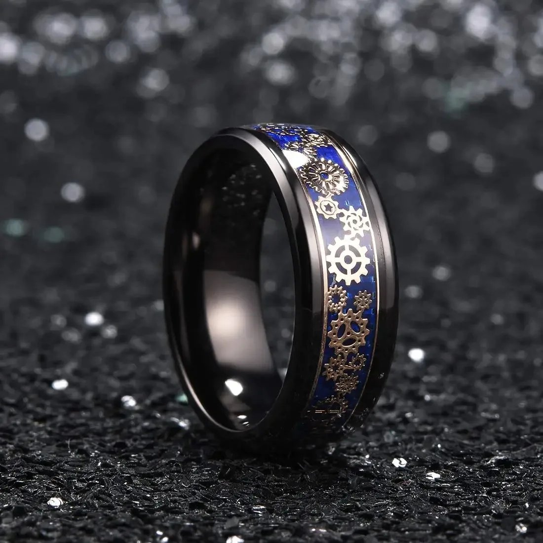 Fashion 8mm Steampunk Gear Wheel Men Stainless Steel Rings Inlay Blue Carbon Fiber Rings For Men Rock Punk Wedding Band Jewelry