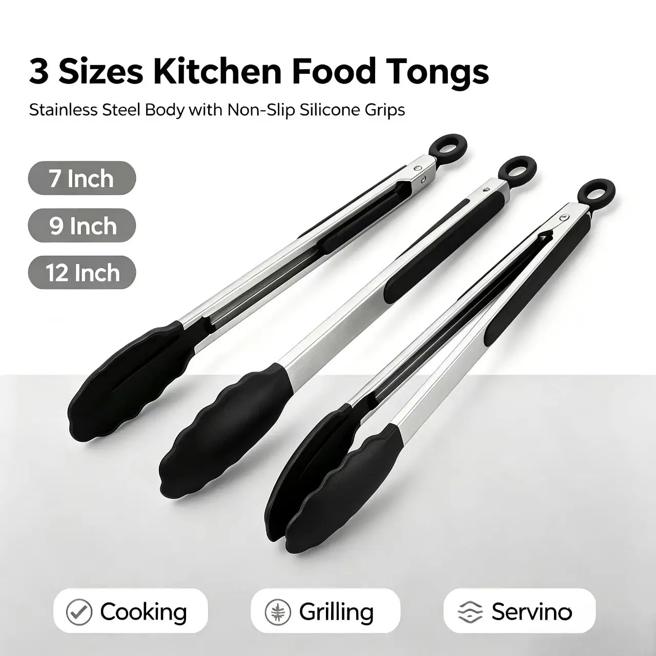 3 Size Available Heavy Duty Stainless Steel Kitchen Tongs with Silicone Tips High Heat Resistant Locking Design Secure Grip