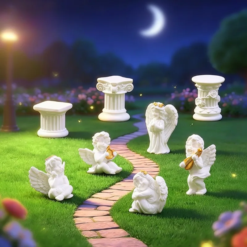 Resin Angel Figurines Mini Roman Column Statue Cupid Cherub Sculpture Micro Landscape Ornament Fairy Garden Home Desktop Crafts