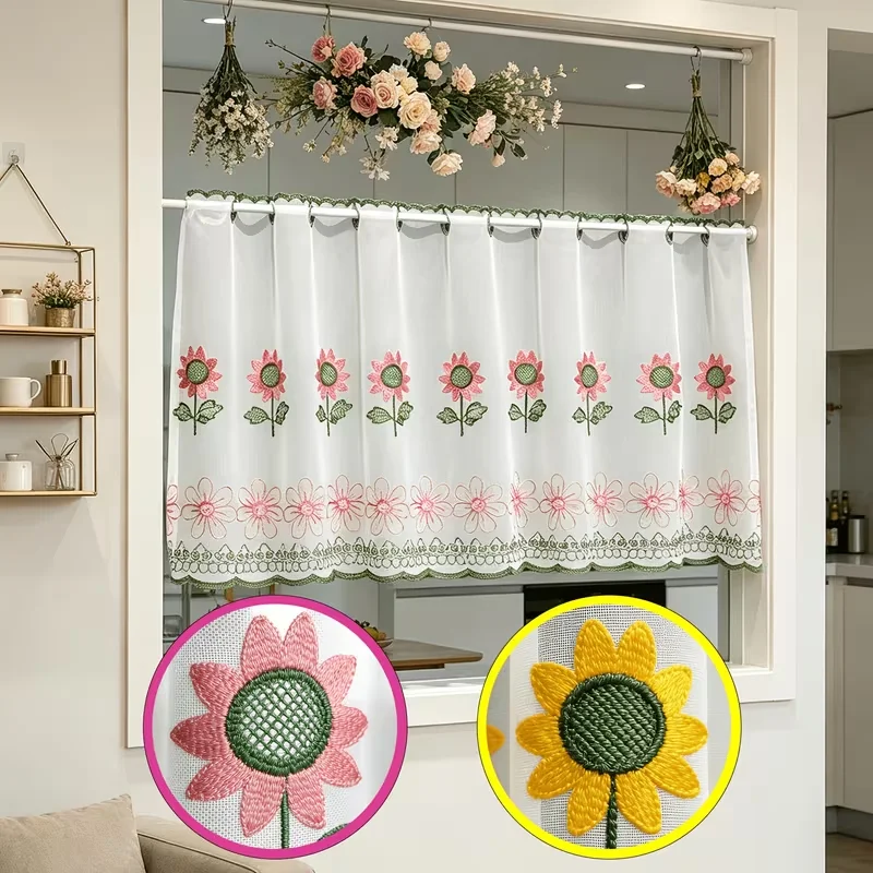 1PC Sunflower Window Curtain, Semi Sheer Rod Pocket Kitchen Cafe Curtain, Modern Farmhouse Floral Short Valance for Home Decor