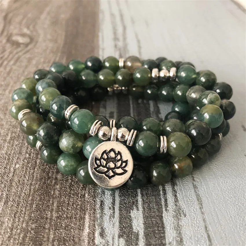 

8mm 108 green Indian agate lotus pendant bracelet Casual Women Stackable Teens Men Bangle Cuff Gift Eco-Friendly Artisan Ethnic