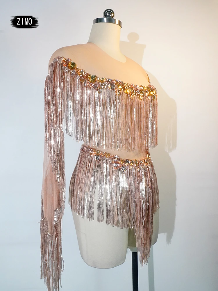 Sparkly Rhinestones Fringes Leotard Sexy Tassel Bodysuit Jazz Dance Costume One-piece Stage Wear Dancer Performance Show Weixiao