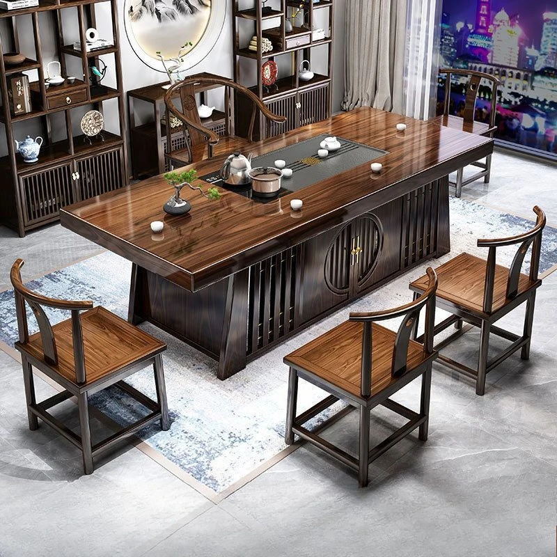 Combinación de mesa de té y silla de tablero grande de madera maciza, mesa de té y mesa de centro para oficina en casa, un juego completo
