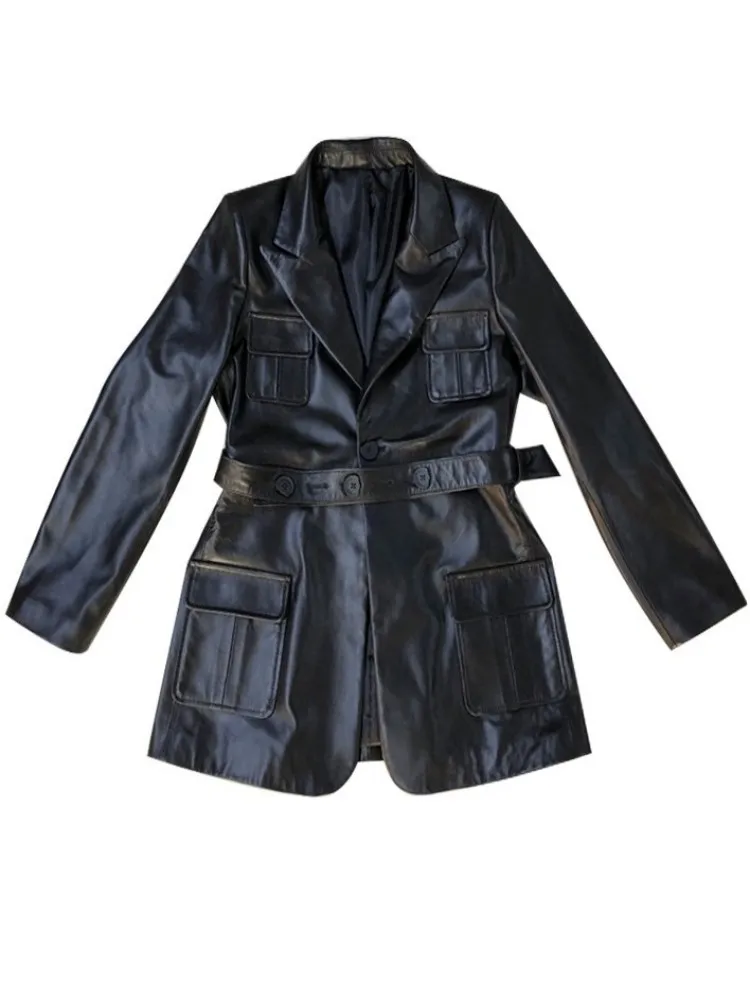 Colletto da abito da donna da ufficio Giacca in vera pelle tinta unita Slim maniche lunghe Pelle di pecora Tasca con bottoni Cintura Capispalla moda