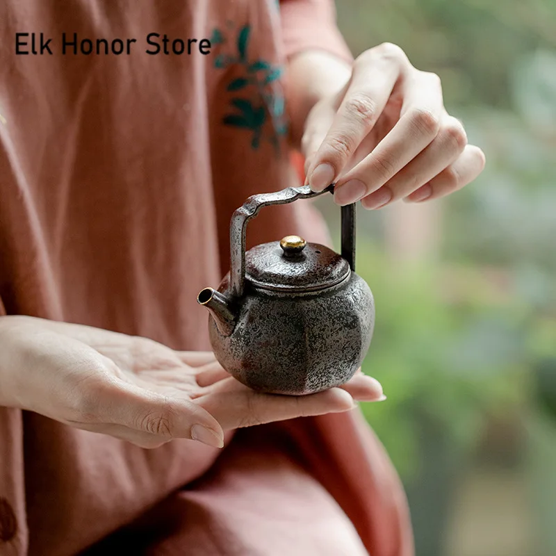 130ml Japanese Old Rock Mud Teapot Retro Rust Red Gold Handle Beam Pot Chinese Su Zi Eight Square Kettle for Tea Making Teaware