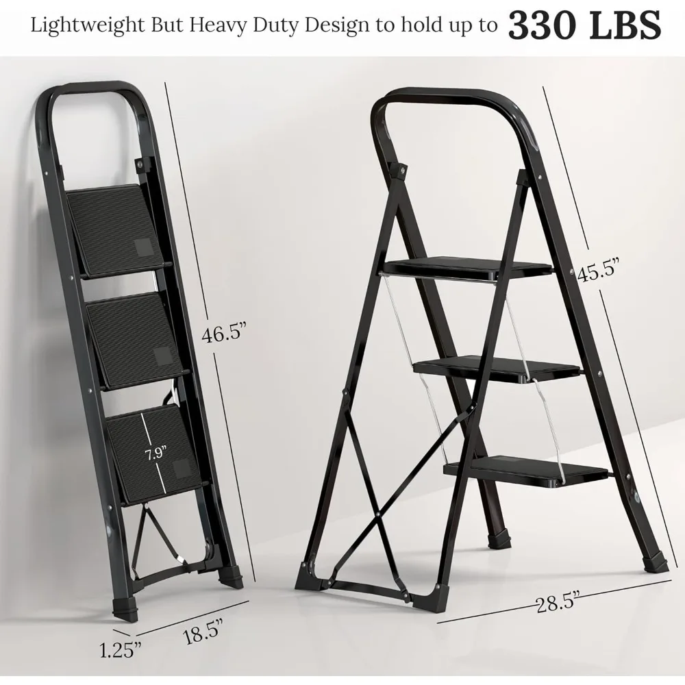 부드러운 그립 핸들이 있는 강철 접이식 3단 스툴 사다리 성인용 330파운드 블랙