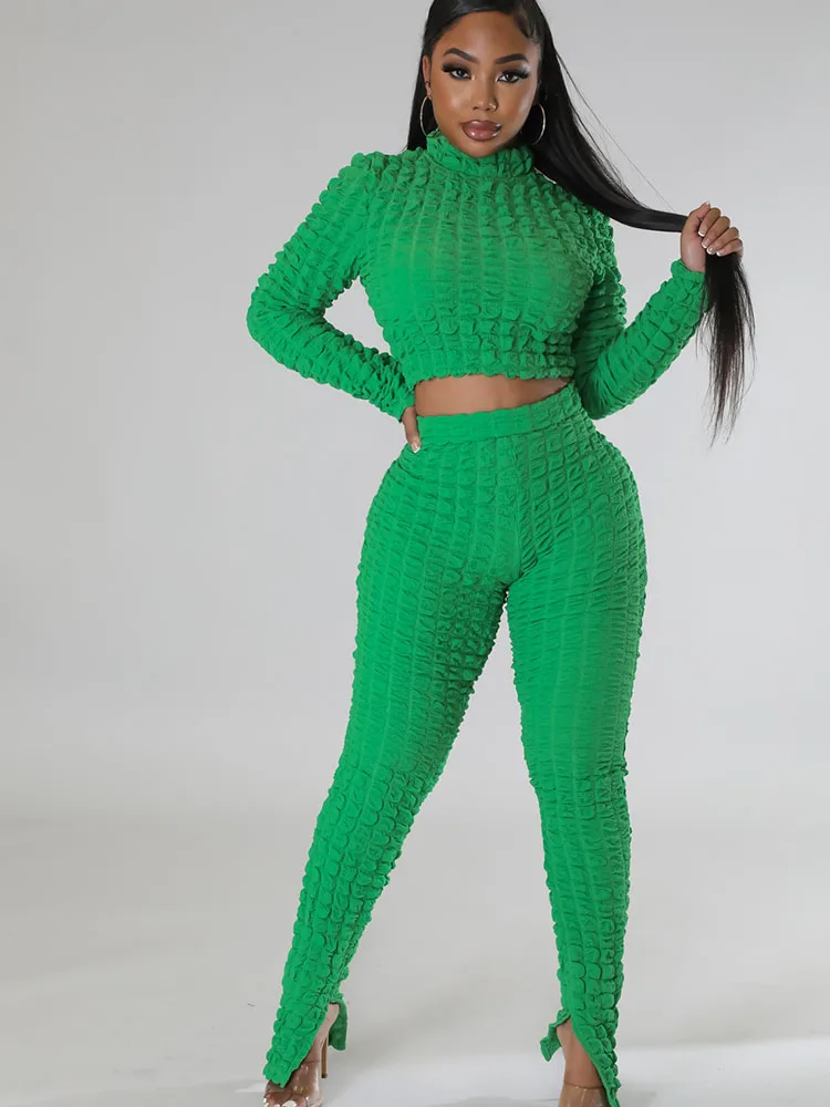 

Solid Ribbed Knit 2 Peice Set for Women Matching Sets Fall Winter Turtleneck Crop Top and Split Flare Pants Sexy Club Outfits