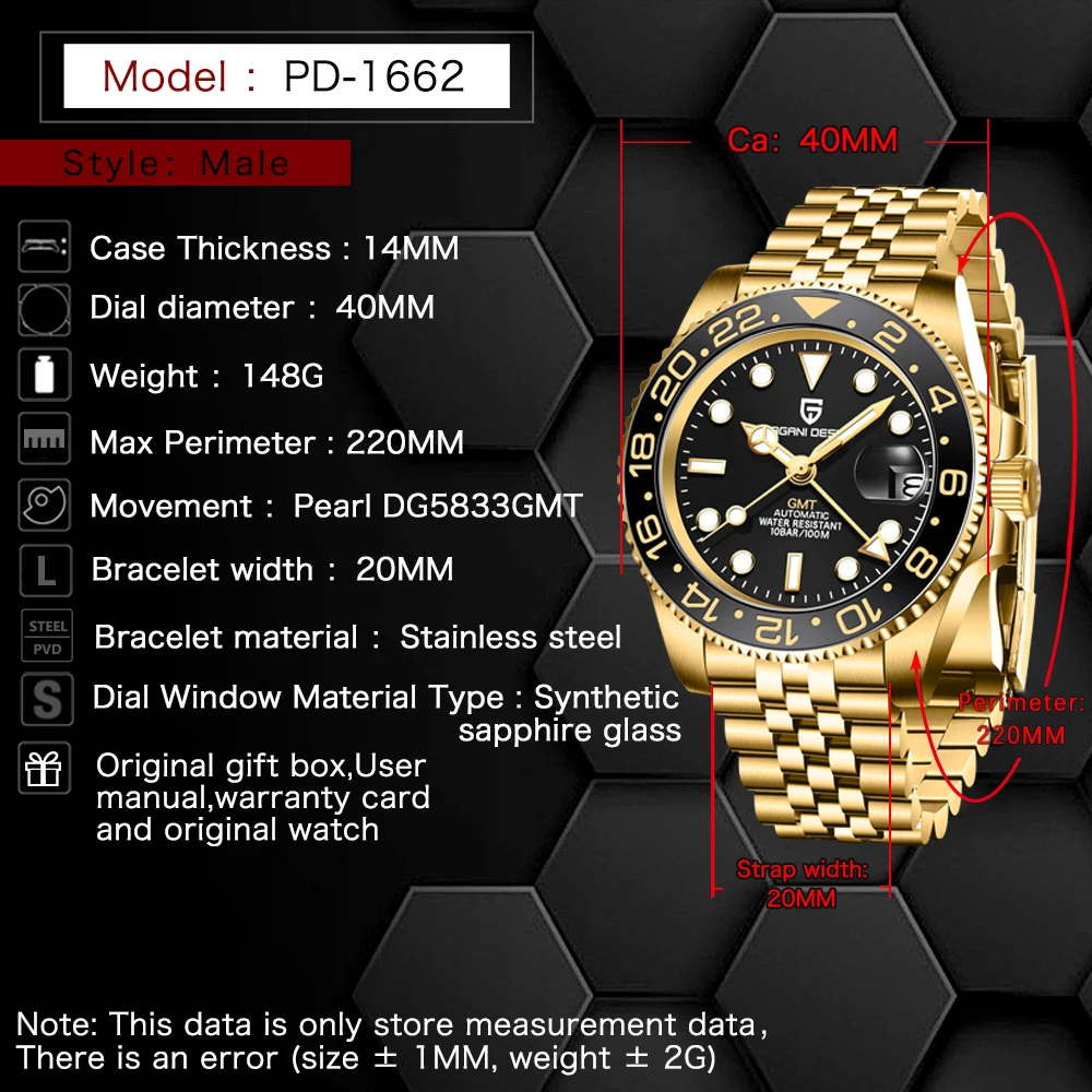 PAGANI DESIGN PD-1662 V5 Men Mechanical Ceramic Bezel Automatic 100m GMT Watch thumbnail 6