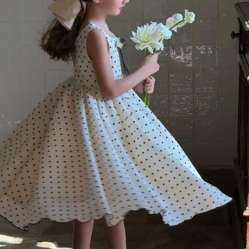 

New Summer Style Girls' Elegant Polka Dot Vest Dress, Stylish Bowknot Polka Dot Princess Dress for Baby Girls