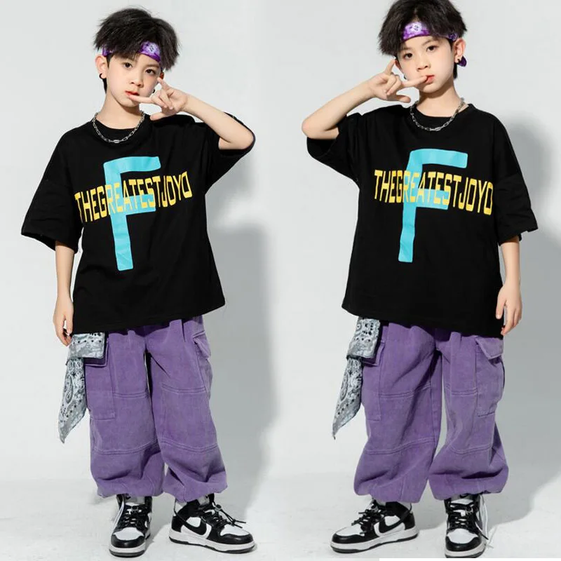 Kids Kpop Show Hip Hop Clothing Graphic Tee Oversized T Shirt Casual Pocket Cargo Pants for Girl Boy Jazz Dance Costume Clothes