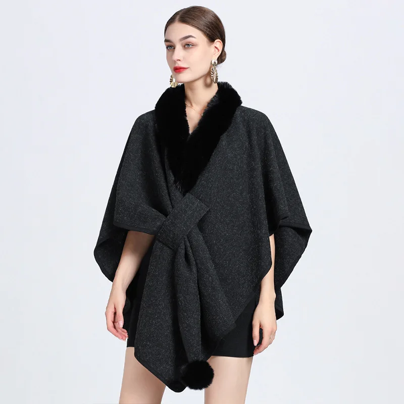 

Autumn Winter New Imitation Otter Rabbit Fur Collar Cape Large Knitted Cardigan Coat Ponchos Women Capes Black Cloak