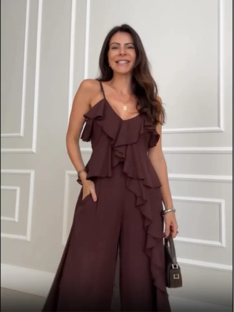 Feminino marrom escuro calça conjunto casual decote em v sem mangas em camadas babados sling blusa calças de perna larga terno novo verão senhora uso diário