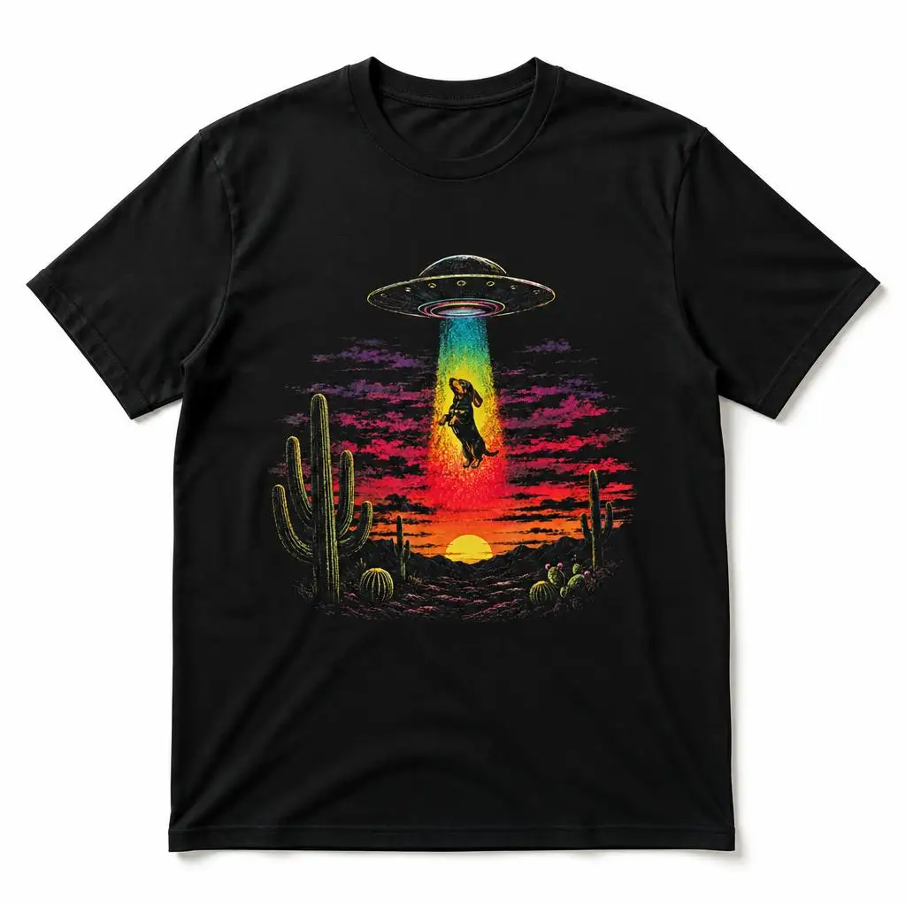 Funny Dachshund UFO Abduction Desert Sunset Dog Art Men T Shirt 100% Cotton Clothing Fun Short Sleeve Tee Gift T-Shirts
