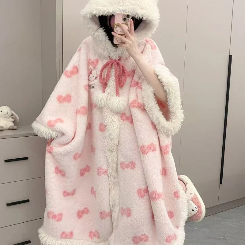 새로운 산리오 헬로 키티 플러시 후드 귀여운 소녀 겨울 가운 홈웨어 세트 두꺼운 산호 양털 따뜻한 잠옷 크리스마스 선물