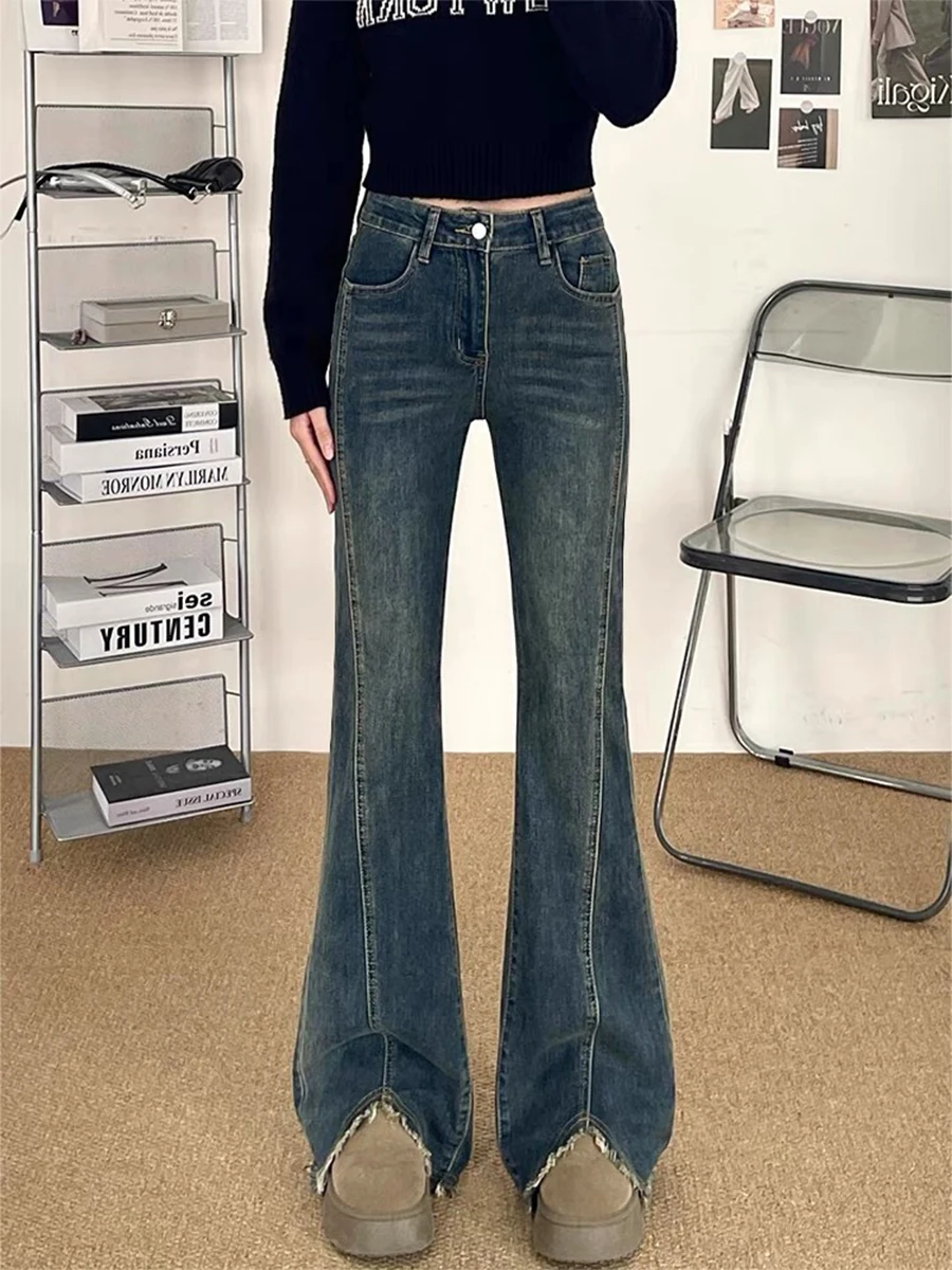 

Джинсы женские с высокой талией, расклешенные, широкие штанины, весна-осень, стрейч, хлопок, деним, с высоким разрезом, микро-клеш