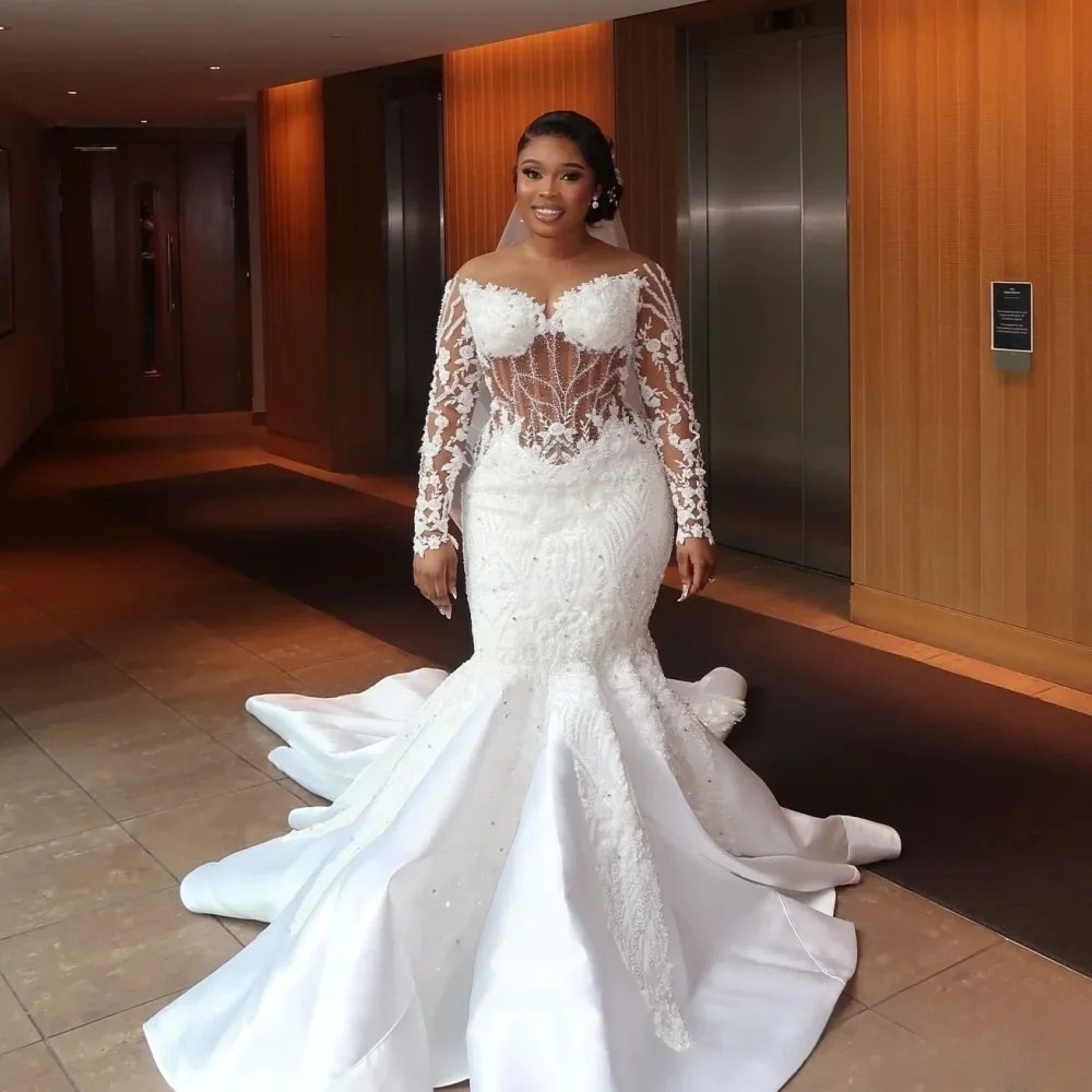 

Роскошное белое свадебное платье «русалка» с кружевными аппликациями и бисером, сексуальное платье невесты с V-образным вырезом, для африканских женщин, с прозрачными рукавами, для банкета