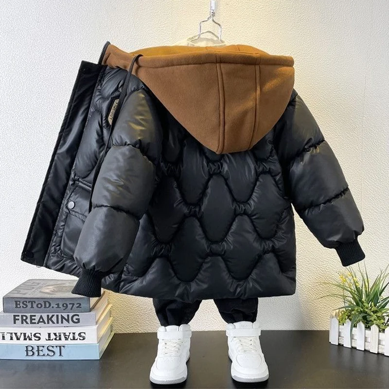 Winter Keeping Warm Boys Jacket Letter Stitching Hat Style Thick Padded Lining With Velvet Hooded Heavy Coat For Kids Send Bear