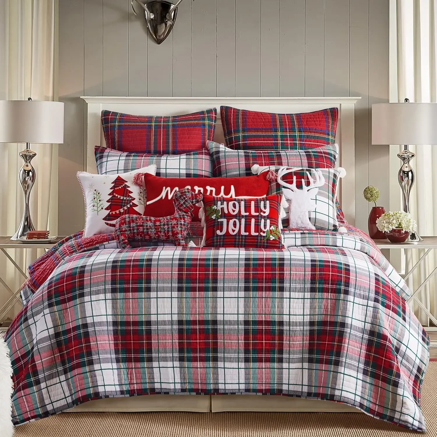 Spencer Plaid Quilt King Christmas Tartan Plaid  Red, Green, White, Blue, Gold  Quilt (106x92in.)  Reversible Cotton/Po