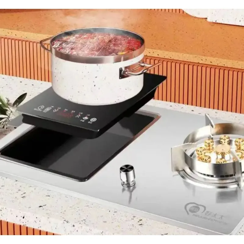 เตาแก๊สไฟฟ้าและแก๊ส 2 หัวในเตาแก๊สแฟชั่นหม้อหุงข้าวเดียว