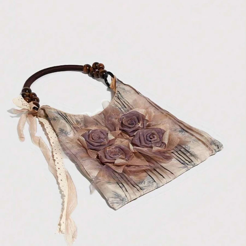 Valentine‑Ready Niche Retro Women Tote Handbag, Grass Tie‑Dye Rose‑Decor Pleated Underarm Shoulder Bag for Daily Commuting & Casual Outings