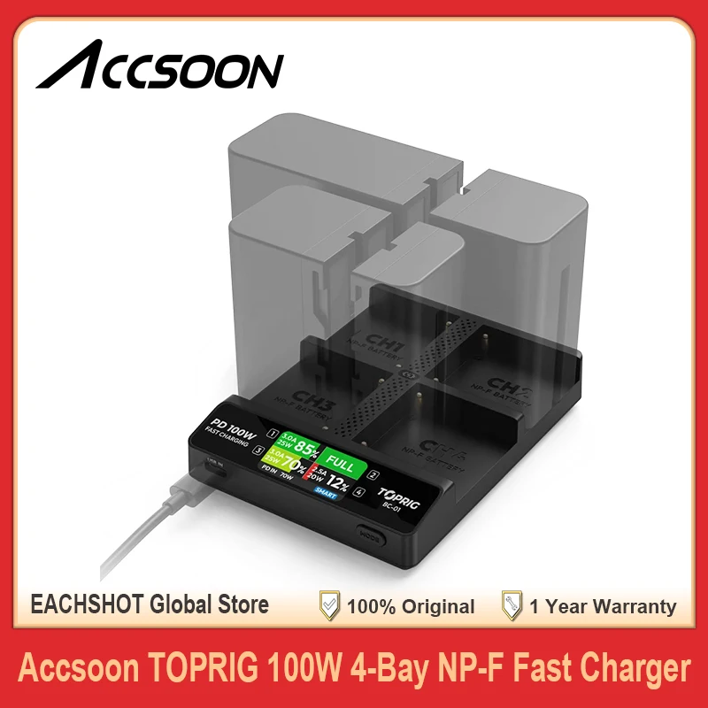 Accsoon TOPRIG BC-01 4-секционное быстрое зарядное устройство для аккумуляторов NP-F с ЖК-дисплеем USB-C PD 100 Вт вход питания для Sony NP-F550 NP-F750 NP-F970