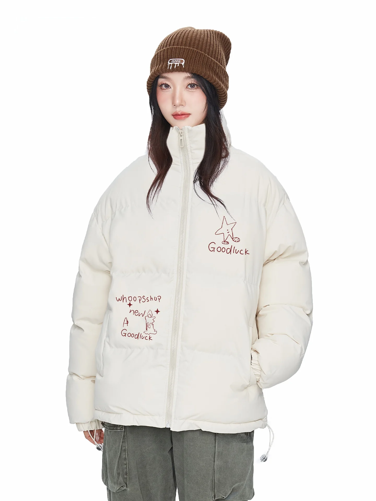 

Женская теплая хлопковая куртка Whoops с воротником-стойкой и принтом в виде звезд, ручная роспись, свободный крой, новая зимняя коллекция