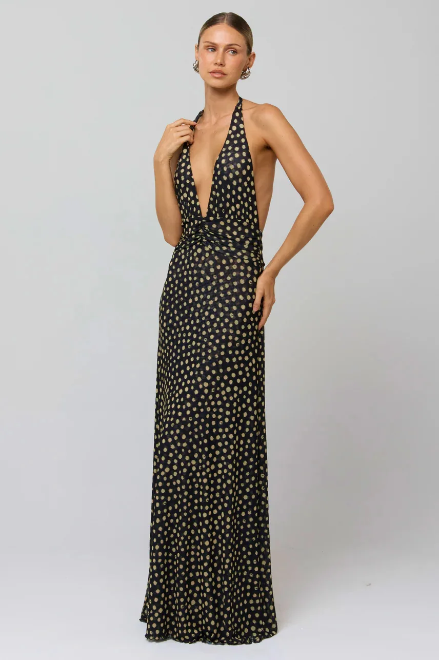 

Elegant Sexy Evening Dress Summer V-neck Backless Retro Print Temperament Hollow Slim Elegant High Waist Pleated Long Dresses