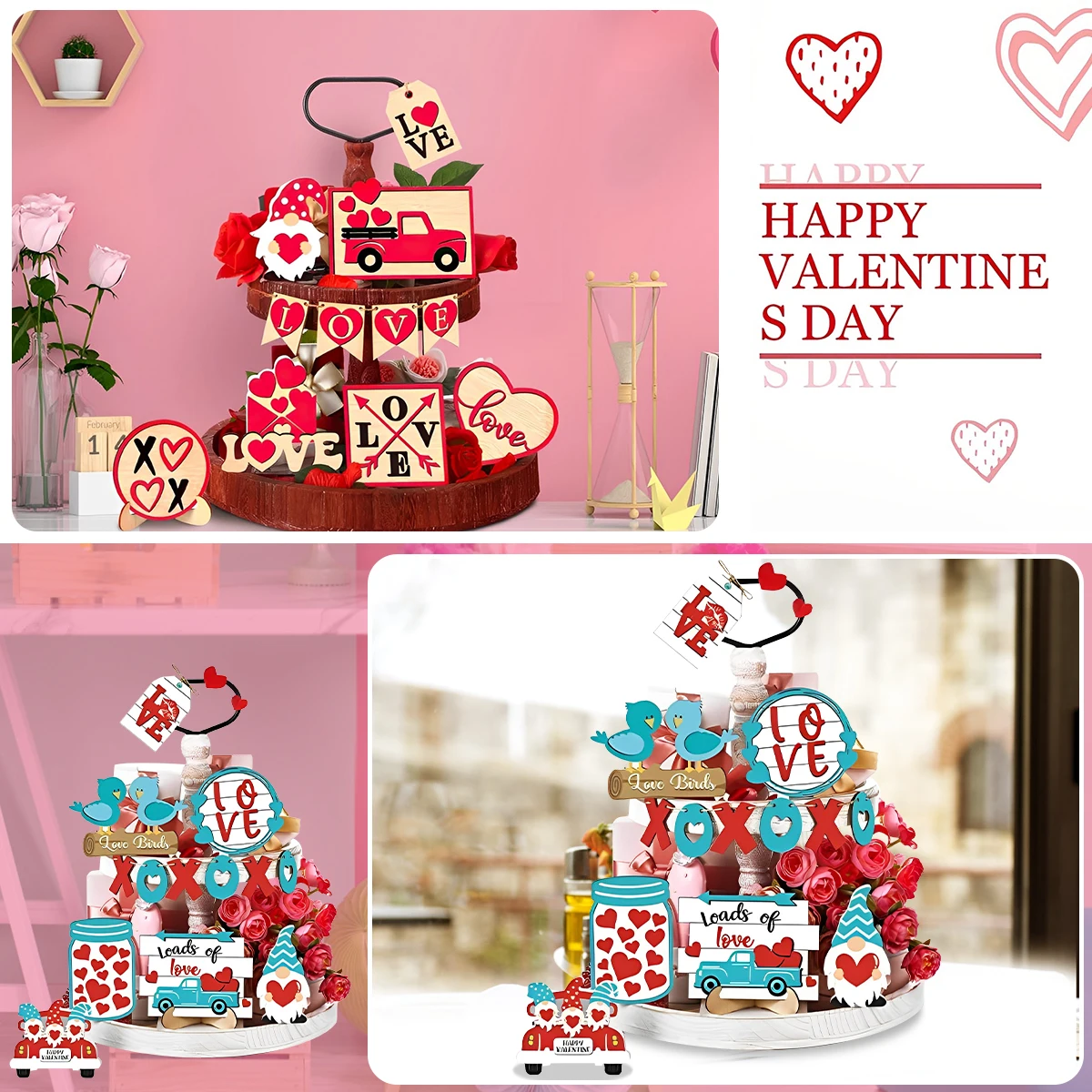 Valentine's Day Tiered Tray Decor Delicate Wooden Valentine Tabletop Decor Reusable Valentine Tray Decoration Love Red Truck Gno